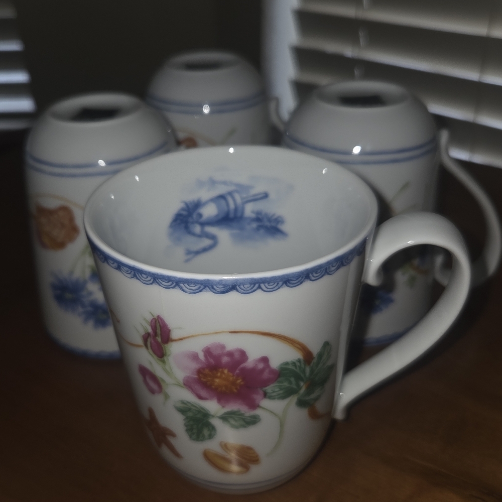 222 FIFTH Porcelain Mugs Coastal Theme Set Of 4